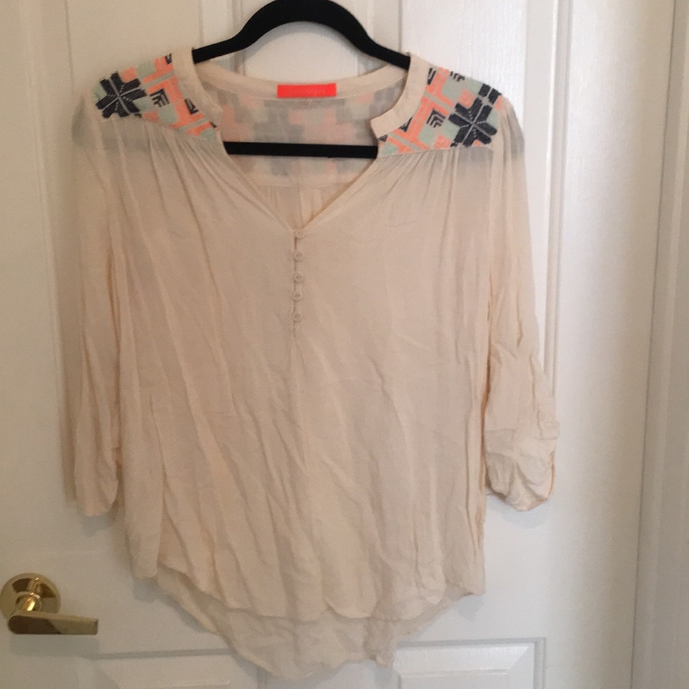 Cream 3/4 Sleeve Top With Beading Detail